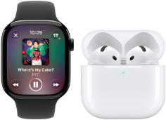 Apple Watch Series 11, ตัวเรือนไทเทเนียมเทาสเลท, สาย: สายแบบ Sport Band สีดำ, แอป Apple Music, หน้าจอแสดง "กำลังเล่น", จับคู่กับ AirPods