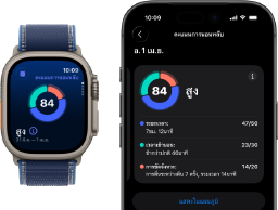 Apple Watch Ultra 3, ตัวเรือนไทเทเนียมธรรมชาติ, หน้าจอคะแนนการนอนหลับ, แจกแจงรายละเอียดในรูปกราฟวงกลม, คะแนนอยู่ตรงกลาง, สาย, Trail Loop สีน้ำเงิน
