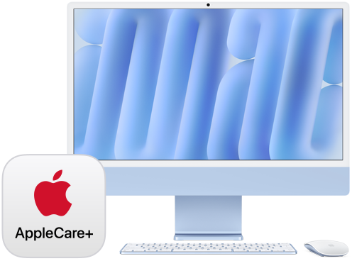 ป้าย AppleCare+, iMac ที่หันหน้าออกพร้อมอุปกรณ์เสริม Magic Keyboard และ Magic Mouse ที่เข้ากัน