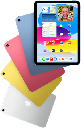 มุมมองด้านหน้าของ iPad ที่แสดงหน้าจอโฮม โดยด้านหลังมี iPad สี่เครื่องที่แสดงตัวเครื่องด้านหลังในสีฟ้า สีชมพู สีเหลือง และสีเงิน