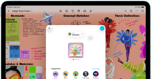 iPad Air, ภายนอกด้านหน้า, วางในแนวนอน, ปุ่มเพิ่มระดับเสียง, ปุ่มลดระดับเสียง, ปุ่มเปิดปิด, หน้าจอแสดงอินเทอร์เฟซแอปสีสันสดใสพร้อมไอคอนต่างๆ