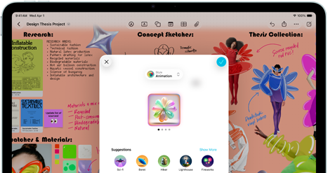 iPad Air, ภายนอกด้านหน้า, วางในแนวนอน, ปุ่มเพิ่มระดับเสียง, ปุ่มลดระดับเสียง, ปุ่มเปิดปิด, หน้าจอแสดงอินเทอร์เฟซแอปสีสันสดใสพร้อมไอคอนต่างๆ