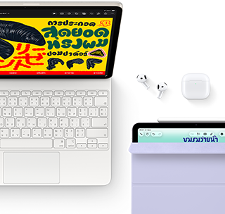 iPad Air, สีสตาร์ไลท์, กราฟิกสีสันสวยงามบนหน้าจอ, ติดเข้ากับ Magic Keyboard, อุปกรณ์เสริม AirPods Pro และ Apple Pencil Pro