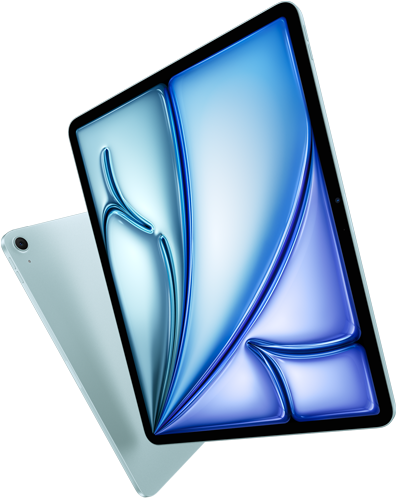 มุมมองด้านหน้าของ iPad Air รุ่น 13 นิ้ว, หน้าจอแสดงสีสันสวยงาม, ภายนอกด้านหลังของ iPad Air รุ่น 11 นิ้ว และกล้องหลังไวด์ 12MP