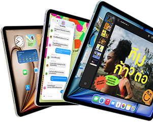 iPad Air จำนวน 3 เครื่อง เรียงต่อกันเป็นรูปพัด โดยประกอบด้วยตัวเครื่องสีฟ้า สีม่วง และสีสตาร์ไลท์, ภายนอกด้านหน้า, ภายนอกด้านข้าง, บนหน้าจอเปิดแอป Keynote, ข้อความ และหน้าจอโฮม