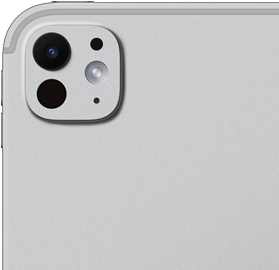 ตัวเครื่องภายนอกด้านหลังของ iPad Pro สีเงิน แสดงระบบกล้องระดับโปรที่ประกอบด้วยเลนส์ 5 ชิ้น และแฟลช True Tone ที่ปรับตามสภาวะ