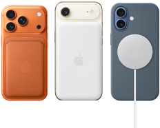 iPhone 17 Pro, ภายนอกด้านหลัง, สี [O7], ใส่อยู่กับเคสผ้า FineWoven แบบกระเป๋าสตางค์สีส้มจิ้งจอกพร้อม MagSafe, iPhone Air, ภายนอกด้านหลัง, สีขาวปุยเมฆ, พร้อมแบตเตอรี่ MagSafe, iPhone 17, ภายนอกด้านหลัง, สีฟ้าหมอก, ใส่อยู่กับเคสซิลิโคนสีน้ำเงินแองเคอร์บลูและที่ชาร์จ MagSafe
