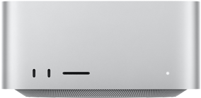 มุมมองด้านหน้าของ Mac Studio พร้อมพอร์ต USB-C จำนวน 2 พอร์ต และพอร์ตตัวอ่านการ์ด SDXC