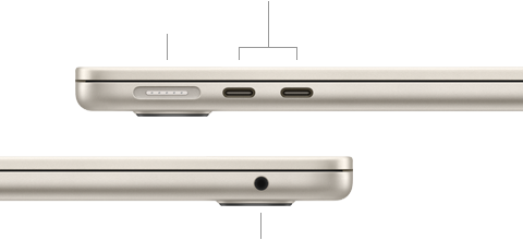MacBook Air, พับปิดอยู่, ด้านซ้าย, แสดงพอร์ต MagSafe และพอร์ต Thunderbolt จำนวน 2 พอร์ต, ด้านขวา, แสดงช่องต่อหูฟัง