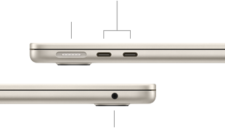 MacBook Air, พับปิดอยู่, ด้านซ้าย, แสดงพอร์ต MagSafe และพอร์ต Thunderbolt จำนวน 2 พอร์ต, ด้านขวา, แสดงช่องต่อหูฟัง