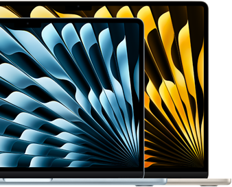 แล็ปท็อป MacBook Air จำนวน 2 เครื่องแสดงขนาดของจอภาพเมื่อเปรียบเทียบกัน ได้แก่ 13.6 นิ้ว และ 15.3 นิ้ว ซึ่งวัดในแนวทแยง