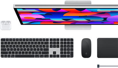 อุปกรณ์เสริมของ Mac ได้แก่ AirPods, Studio Display, Magic Keyboard, Magic Mouse, Magic Trackpad, สายชาร์จ MagSafe