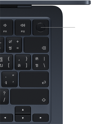 คีย์บอร์ดของ MacBook Air, ด้านขวาบน, แสดงตำแหน่งของปุ่ม Touch ID