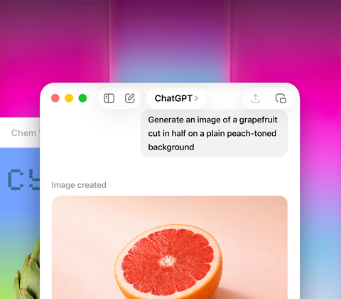 หน้าจอ MacBook Neo, กำลังใช้ ChatGPT เพื่อสร้างรูปภาพเกรปฟรุต, หน้าต่างที่สองแสดงรูปภาพอาร์ติโช้กบนพื้นหลังแบบไล่เฉดสีใน Keynote
