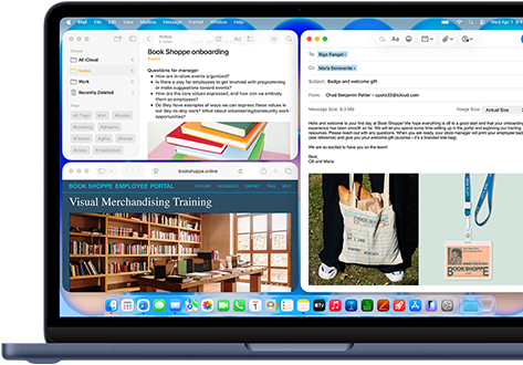 MacBook Neo, สีอินดิโก, หน้าจอแสดงการเขียนอีเมลต้อนรับพนักงานใหม่ของร้านหนังสือ, หน้าต่างอื่นๆ ที่เรียงต่อกันประกอบด้วยเอกสารโน้ตเกี่ยวกับการออนบอร์ดและเว็บไซต์พอร์ทัลพนักงานของร้านหนังสือใน Safari