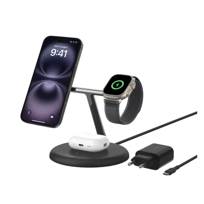 Belkin BoostCharge Qi2 Universal Wireless Charging Stand 15W with USB-C 36 Wall Charger แท่นชาร์จอุปกรณ์ไร้สายแบบ 3 in 1 - Black