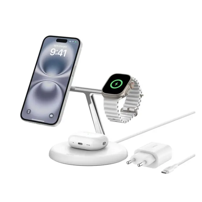 Belkin BoostCharge Qi2 Universal Wireless Charging Stand 15W with USB-C 36 Wall Charger แท่นชาร์จอุปกรณ์ไร้สายแบบ 3 in 1 - White